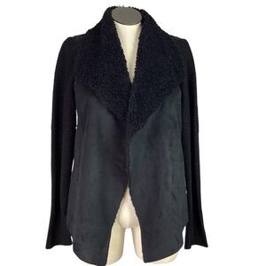 Powder River Outfitters Open Cardigan Sweater Women L Black Faux Suede/Fur Vegan